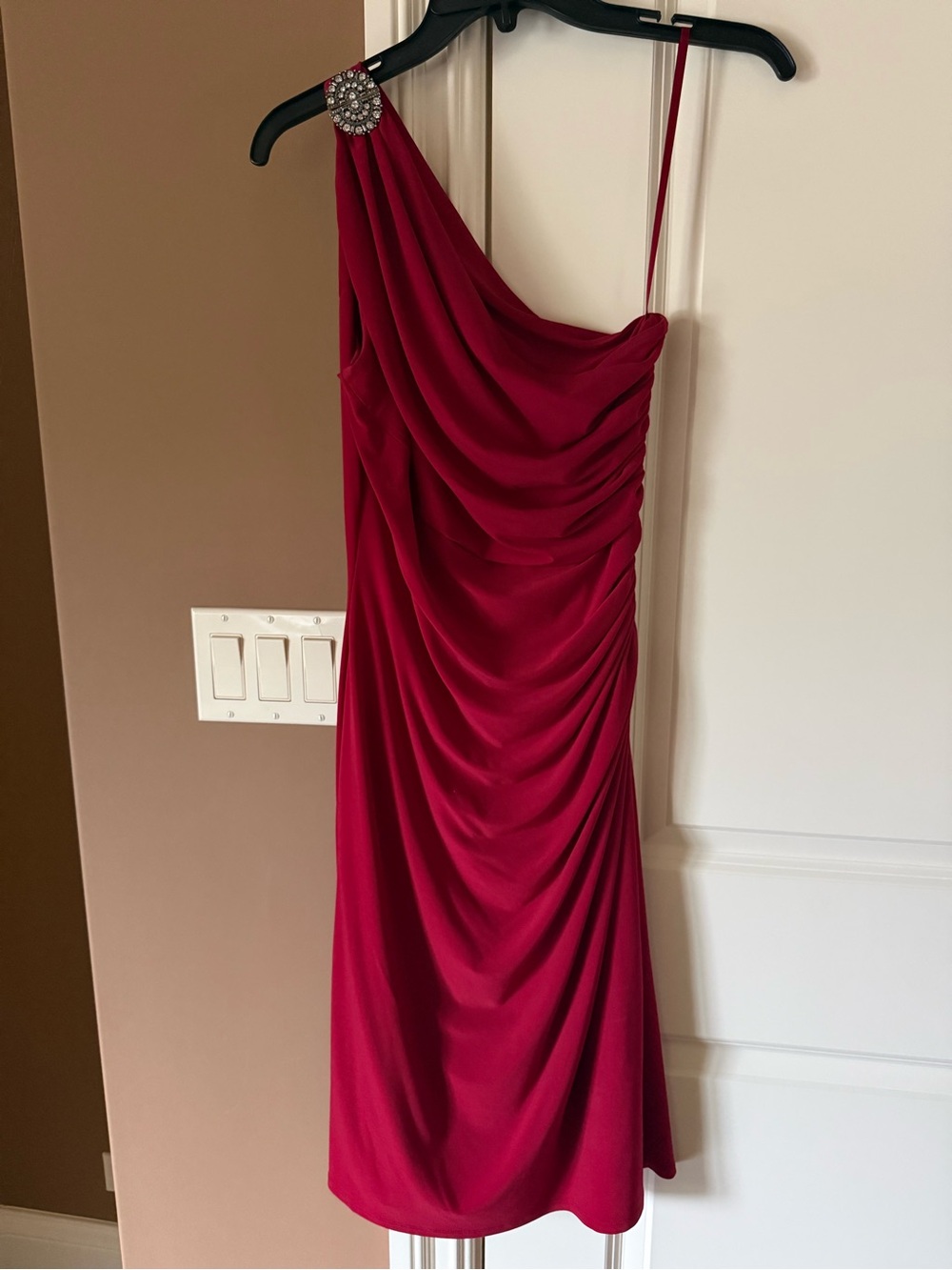 Lauren Ralph Lauren One-Shoulder Ruby Red Cocktail Dress with Jeweled Accent